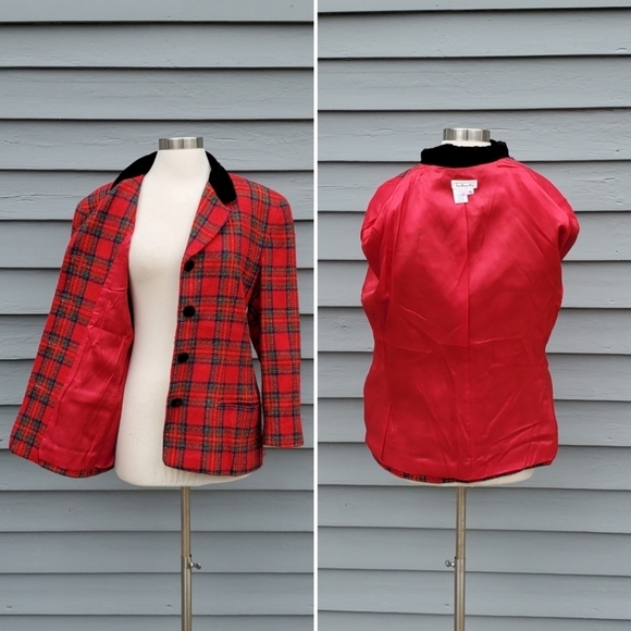 Vintage 90s y2k Talbots Red Green Stuart Tartan Plaid Preppy Blazer Jacket 14 - Picture 4 of 7